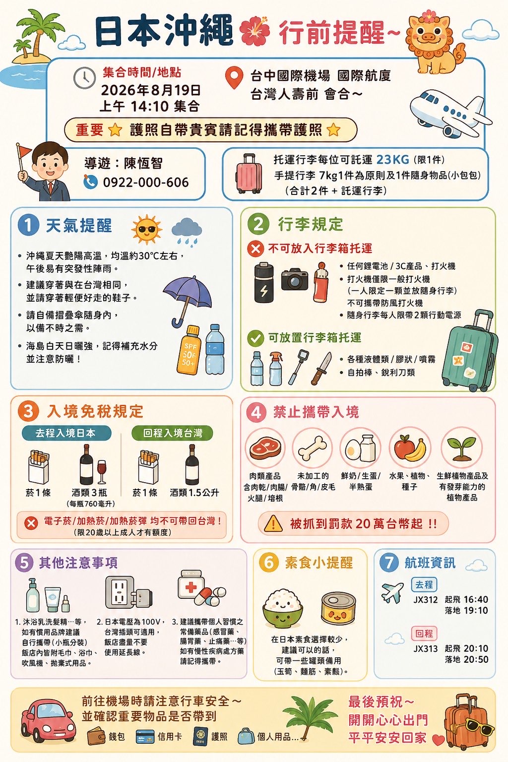 大聲旅行社導遊提供的沖繩行前提醒圖卡，內容包含集合時間地點、天氣提醒、行李規定、入境免稅額度、禁止攜帶入境物品、素食提醒與航班資訊。