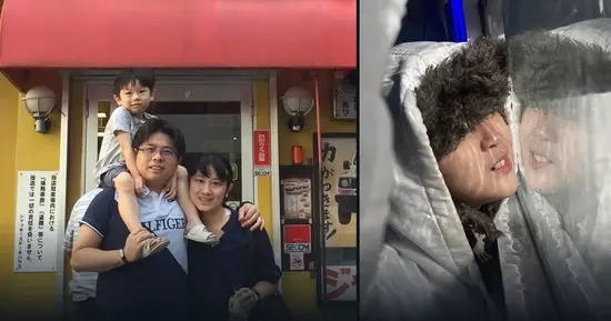左邊 2015 年在 JACK'S STEAK HOUSE 門口的一家三口，右邊 2026 年弟弟在瀨長島冰屋貼著結霜玻璃的側臉。