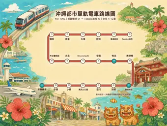 單軌電車路線圖：自己畫的。全線 19 站，那霸機場、縣廳前和牧志標成青色。