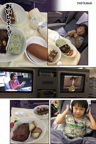 回程的機上：機上餐放上桌，他戴著耳機看《玩具總動員》。回程先交給椅背螢幕處理。