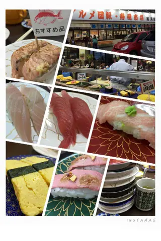 グルメ回転寿司 市場 美浜店：炙燒、鮪魚、玉子燒一盤盤上桌，吃完的盤子疊得很有成績。