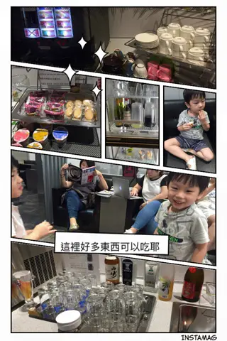 那霸機場的貴賓室：自助點心櫃和飲料吧就在旁邊。他坐在沙發上吃東西，候機因此很有內容。