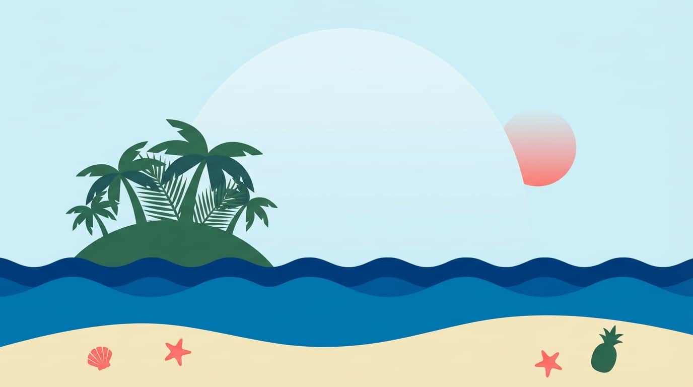 島嶼、沙灘與夕陽的插畫意象